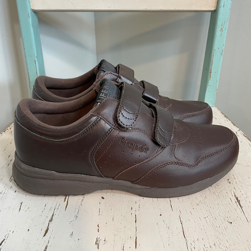 Propet Lifewalker Mens Brown Leather Walking Shoes Hook Loop M3705 Size 9.5 W